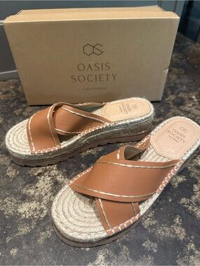 Oasis Society Tan Leather Cross-Strap Espadrille Slides
